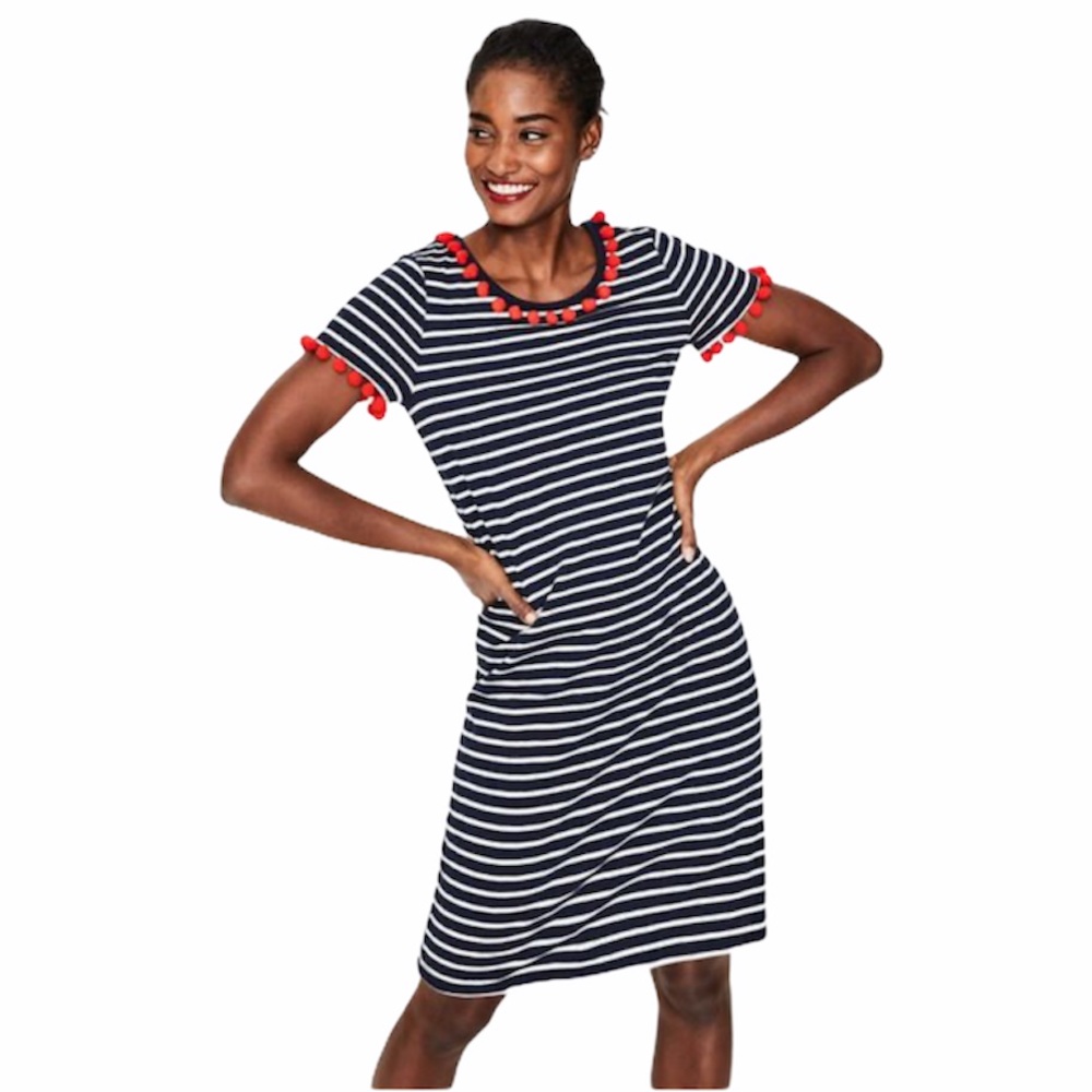 Boden Navy and White Striped Dress with Red Accents